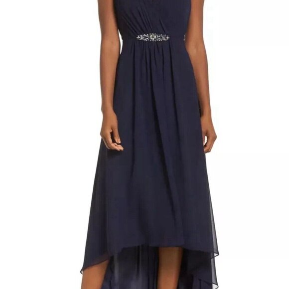 Eliza J Navy Blue Embellished High/Low Chiffon Dress Size 10 $188 - Picture 2 of 14